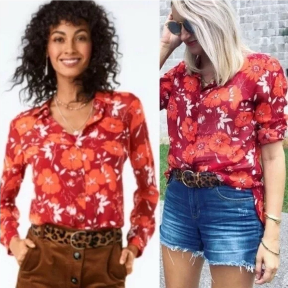 Cabi #3766 - Hothouse Red / Orange Floral button up top - Size Small